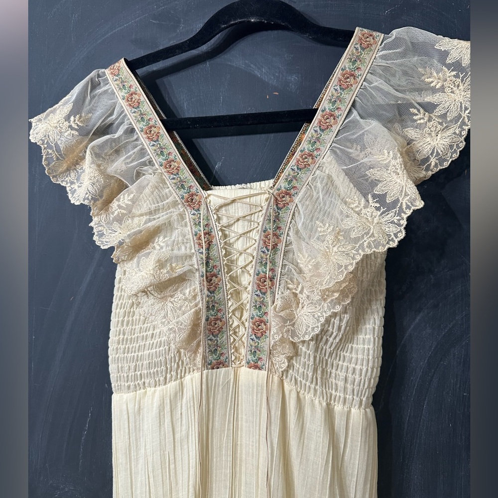 Vtg Vicky Vaughn Boho Corset Maxi Dress Lace Floral Daisy Jones 70s Size Small